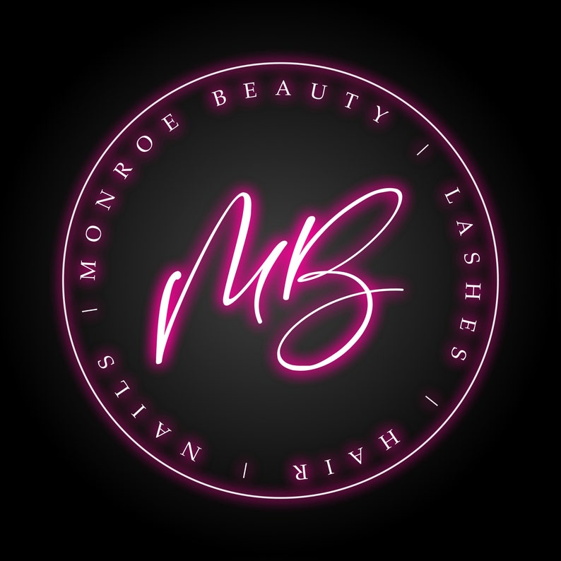 May include: A pink neon sign with the text "Monroe Beauty | Hair | Nails | Lashes" in a circle. The letters "MB" are in a larger font and are styled in a cursive font.