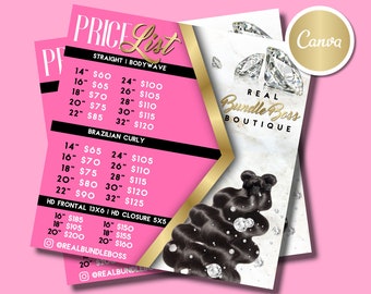 DIY Hair Pricelist, Editable Hair Flyer Template, Pink Marble Gold Sparkle Diamond Price List Flyer, Hair Bundle Business Template, Canva