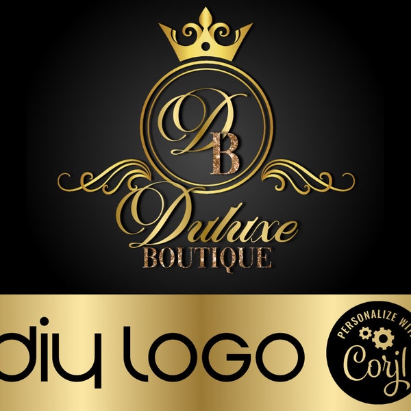 Boutique Logo, DIY Crown Logo, Gold Sparkle Glitter Beauty Cosmetics Logo, Initial Logo, Metallic Cosmetics Royal Logo, Elegant Luxurious