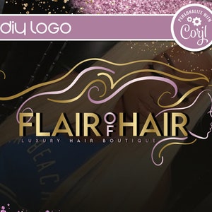 DIY Hair Logo Design, Editable Glitter Bundle Business Customizable Logo Design, Gold Hair Boutique Logo, Wig Logo, Hair Extension Logo
