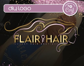 DIY Hair Logo Design, Editable Glitter Bundle Business Customizable Logo Design, Gold Hair Boutique Logo, Wig Logo, Hair Extension Logo