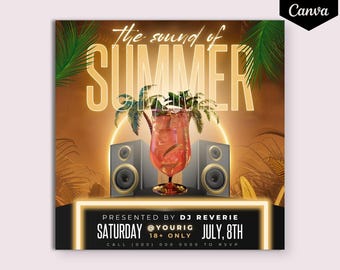 May include: A summer party flyer with a tropical theme. The flyer features a cocktail glass with a red drink, two speakers, and palm trees. The text on the flyer reads "The sound of summer", "Presented by DJ Reverie", "Saturday", "@YourIG", "18+ Only", "July, 8th", and "Call 000 000 0000 to RSVP".