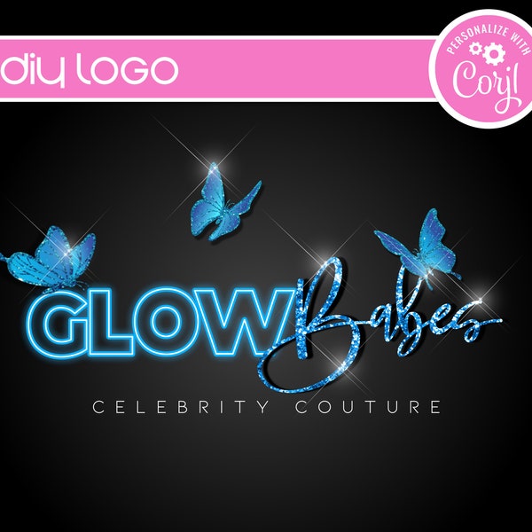 DIY Blue Neon Butterfly Boutique Logo, Editable Customizable Blue Glitter Logo Template, for Hair, Lash, Cosmetics, Beauty, Nails Template