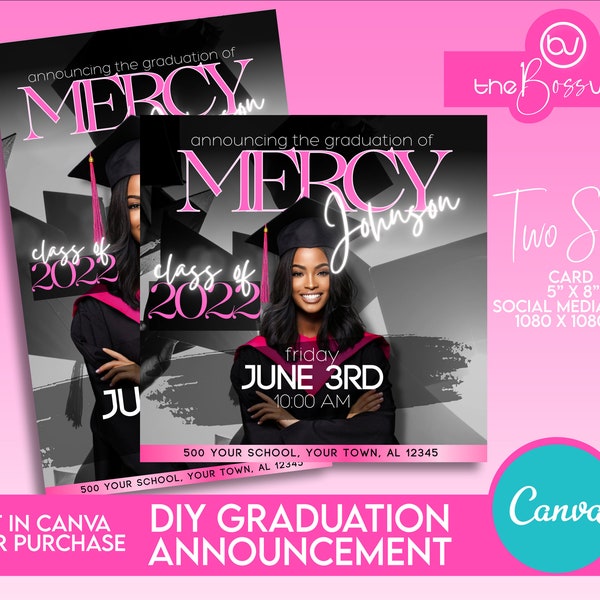 DIY Graduation Announcement, Graduation Invite Template, Graduation Invitation, Graduation Card Template, Grad Invite, Grad Card, Pink