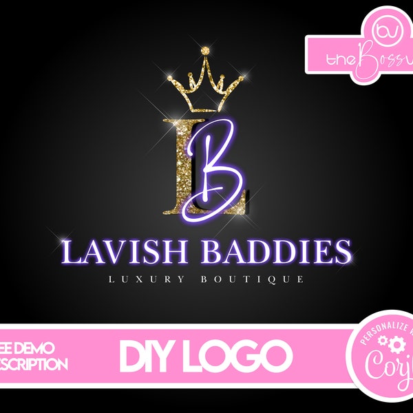 DIY Purple and Gold Glitter Logo, Neon Purple Crown Logo Design, Boutique Logo Design, Hair Logo Design Template, Cosmetics Logo Design
