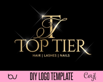 May include: Gold logo design template for a business called "Top Tier" that offers hair, lashes, and nails services. The logo features a stylized letter "T" with a flourish and the words "Top Tier" in a bold font.