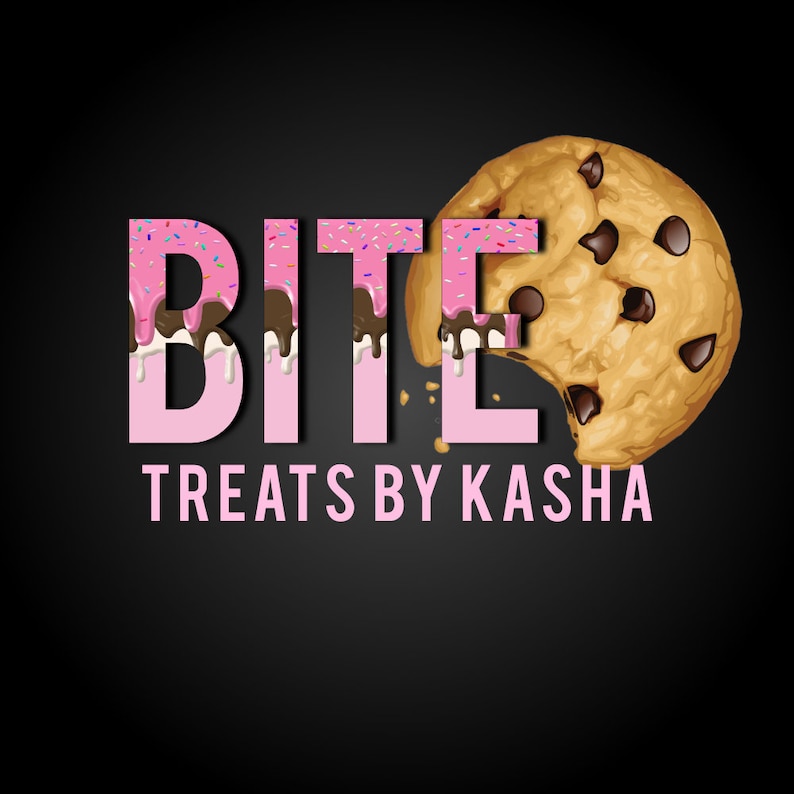 May include: A pink and brown logo with the word "BITE" in large letters with sprinkles and chocolate icing dripping down. The word "TREATS BY KASHA" is below the word "BITE" in smaller letters.