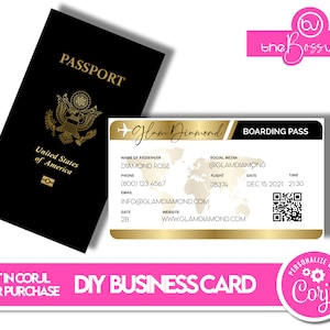 Cartão de visita de cartão de embarque dourado DIY, design de cartão de passaporte de cartão de embarque personalizável editável, cartão de visita para cabelo, boutique, moda