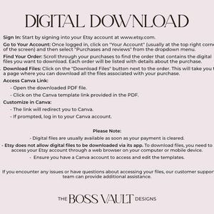 May include: Digital download instructions for Etsy buyers.  The instructions explain how to access and customize digital files using Canva.  The text includes the website address www.etsy.com.
