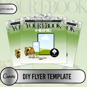 Puede incluir: Una plantilla de folleto verde con una alcancía dorada, pilas de dinero y una pantalla de computadora con un ícono de descarga en la nube. El texto en el folleto dice "Tu Ebook Aquí" y "Plantilla de Folleto DIY".
