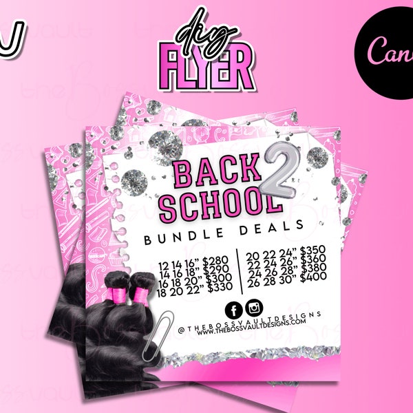 Back to School Bundle Deals Flyer, School Shopping Bundle Sale Flyer, Editable Canva Flyer Template, Hair Business, Hair Extensions