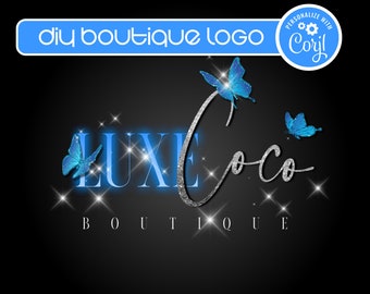 DIY Blue Glitter Logo, Boutique Fashion Logo, Customizable Pink Sparkle Glam Cosmetics Logo, Lash Hair Nail Business Logo, Butterfly Logo