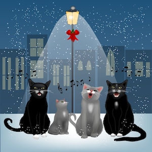 Carte de Noël de chats chantant dans la neige la nuit / Carte de Noël de chats chantant / Carte de voeux de chats mélomane