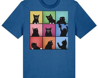 May include: A blue short-sleeved t-shirt featuring a central graphic print of nine square panels. Each panel displays a black cat in various poses and expressions against different solid-coloured backgrounds including yellow, green, teal, pink, and orange.
