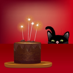 Chat noir et carte de gâteau d'anniversaire