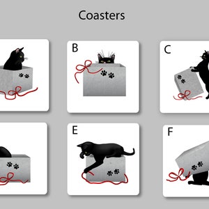 Playful Black cats and grey boxes coasters / Set of 2, 4 or 6 cats and grey boxes coasters