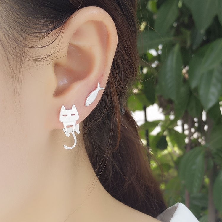 925 Sterling Silver Cat Fish Stud Earrings For Women Gift | Etsy