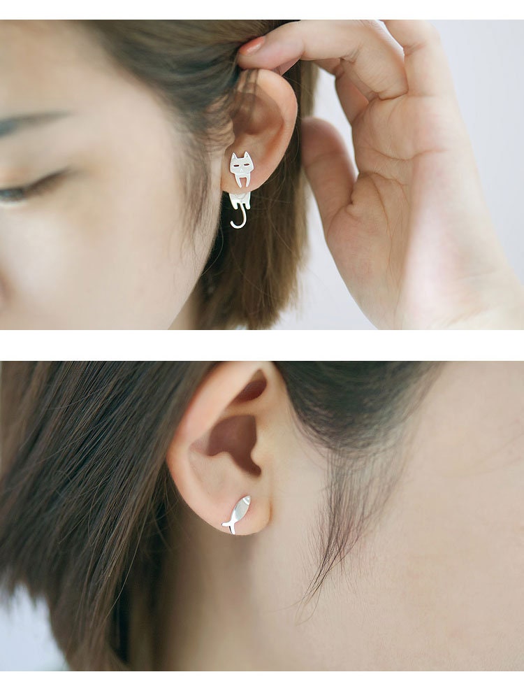 925 Sterling Silver Cat Fish Stud Earrings For Women Gift | Etsy
