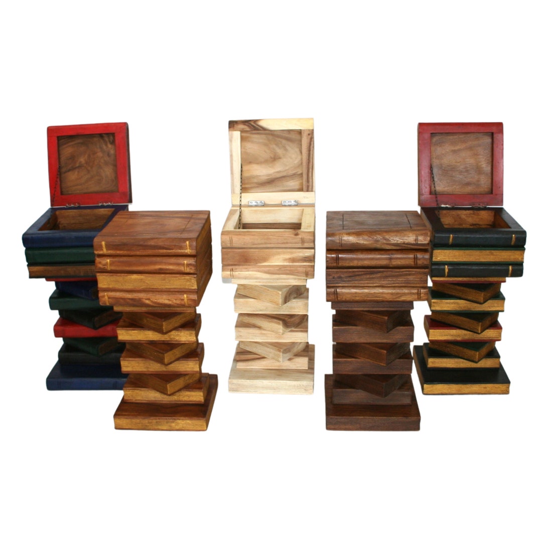 Book Stack Side Table With Storage Box Rustic Finish 76cm 30 Inch FU