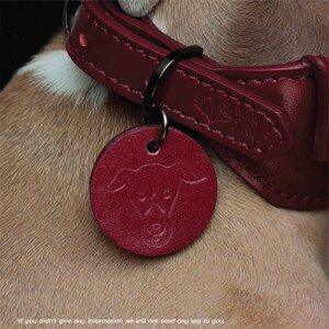 Burgundy soft leather wide dog collar engraved with dog tag