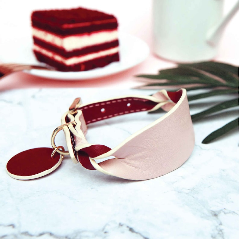 Pink and Red soft leather wide dog collar for small dogs. Personalized Thick dog collar