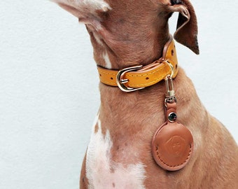Haustier AirTag Fall Halter Schlüsselanhänger mit Name | Personalisierter AirTag Halter aus weichem Leder für Hunde und Katzen zur Befestigung an Ihrem eigenen Haustierhalsband