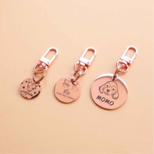 Personalized engraved Rose gold Thick Stainless steel Pet ID Tag Quick Clip, Customised drawing pet name tag, Cat tag, Large dog tag, Puppy