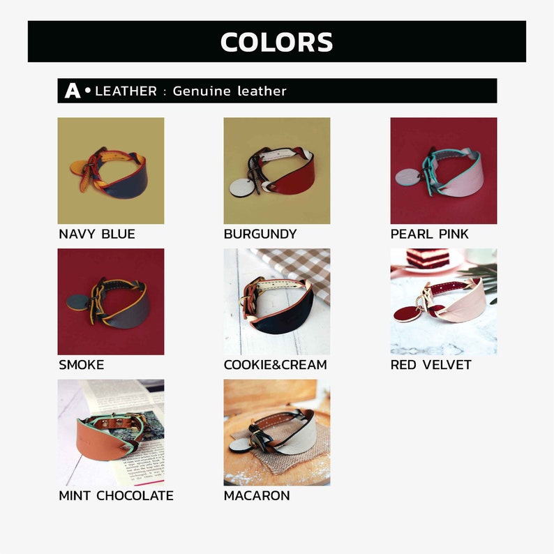 Colorful soft leather wide dog collar color chart