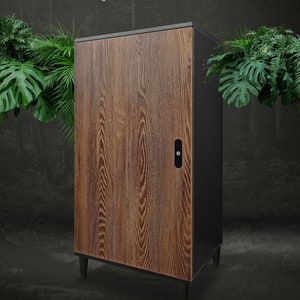 Könnte beinhalten: Ein hoher, dunkler Holzschrank mit schwarzem Rahmen und schwarzen Metallbeinen. Die Schranktür hat eine Holzmaserung und ein Schlüsselloch. Der Text "QUANTUM PRO WOOD" ist über dem Schrank gedruckt.