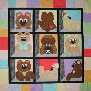 Bears in My Window, teddy bear quilt, baby quilt, crib quilt, child&#39;s quilt, fusible applique,