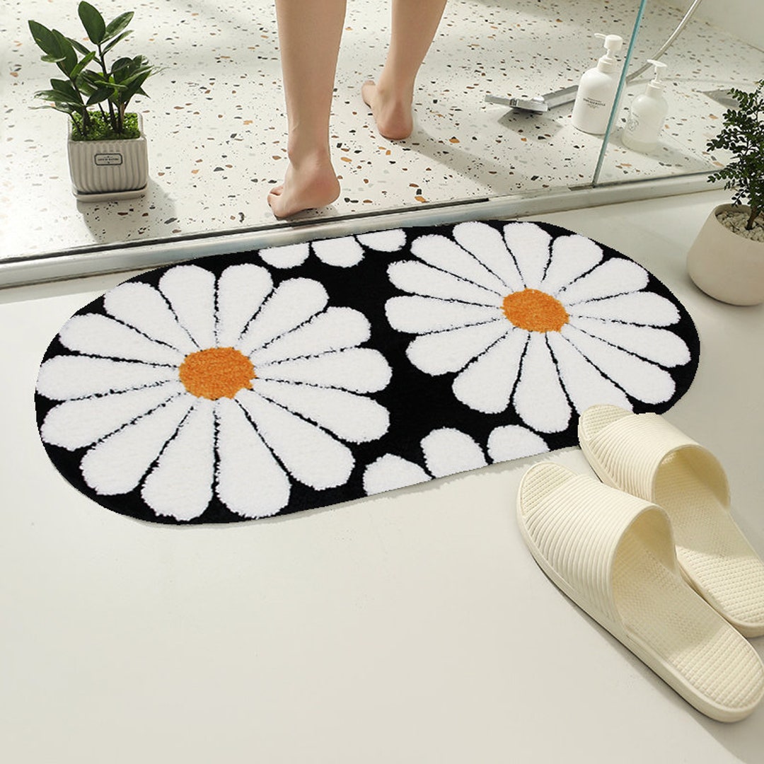 Ellipse Daisy Flower Bathroom Rug Black Soft Floral Soft Bath Etsy
