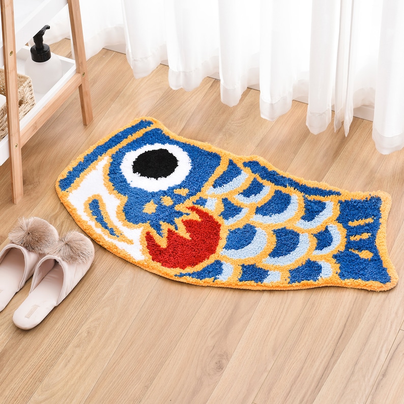Cute Blue Fish Bath Mat Japanese Koi Flag Soft Bathroom Rug Etsy