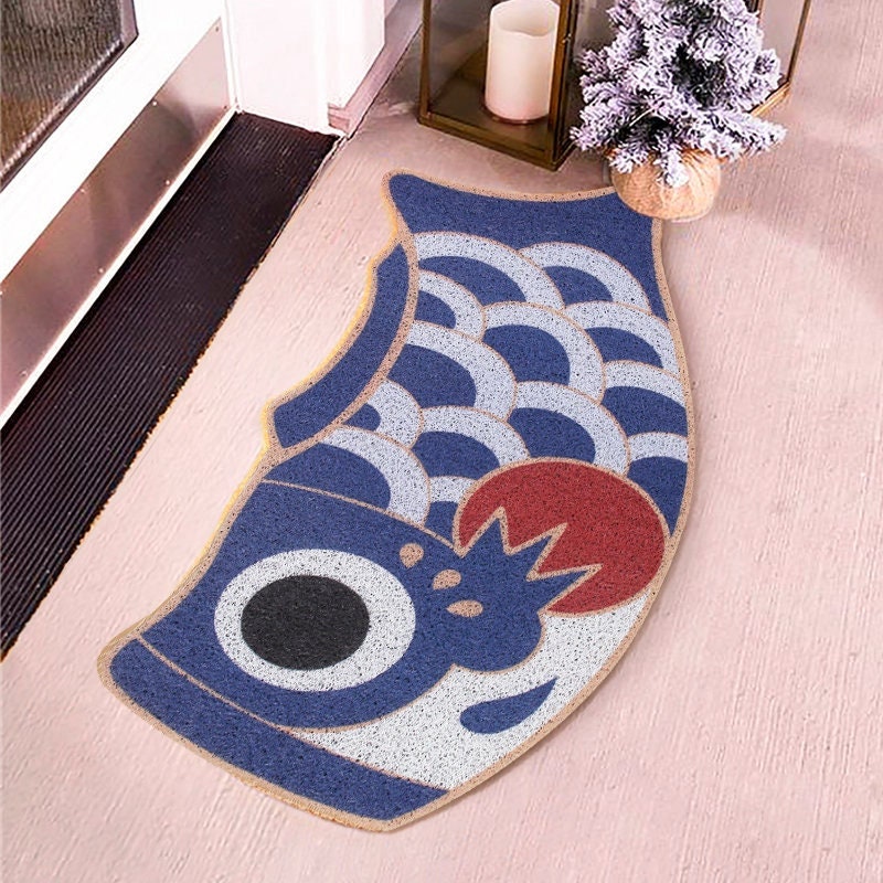 Cute Blue Koi Fish Door Mat Japanese Style Entrance Patio Etsy