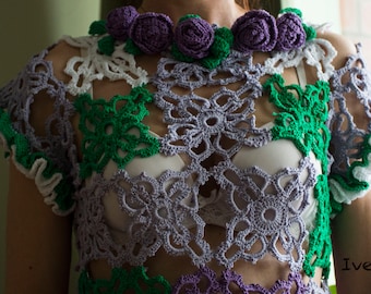 2024 color sweet green romantic crochet top with roses, elegant violet roses top, Irish crochet, reticulated 100% cotton, &quot;My violet dream&quot;