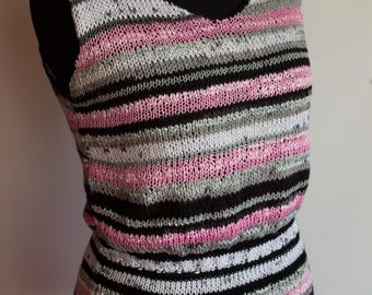 knitted pink black summer top, summer vest,  100% cotton top, striped top, streaky vest, S size, handmade  top &quot;The striped caramel&quot;, sweet