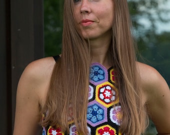crochet top, multicoloured top, banging boho looks or rich, shape focused gowns S, 100% cotton