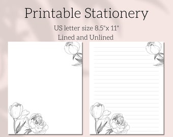 Printable stationery floral simple black and white flowers | Letter writing paper digital download