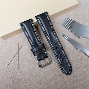 Zwart leren horlogeband: 24 mm, 22 mm, 21 mm, 20 mm, 19 mm, 18 mm, 17 mm, 16 mm, 14 mm, 12 mm, Buttero-horlogeband
