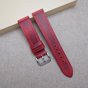 Waxy red flat watch strap | Leather watch strap | Leather watch band | Handamde watch band 24mm 23mm 22mm 21mm 20mm 19mm 18mm 16mm