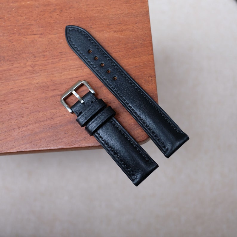 Black vachetta Leather watch strap 24mm, 22mm, 21mm, 20mm, 19mm, 18mm, 17mm, 16mm watch strap zdjęcie 4