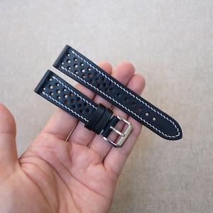 Racing rally black leather watch strap 17mm 18mm 19mm 20mm 21mm 22mm 23mm 24mm 26mm, Black watch band with white stitching