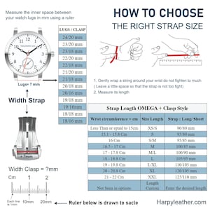 May include: A guide on how to choose the right watch strap size. The guide includes a diagram of a watch face with measurements for the lug width and clasp width. It also includes a table with wrist circumference measurements in centimeters and corresponding strap lengths in millimeters. The table includes strap styles, such as long or short.