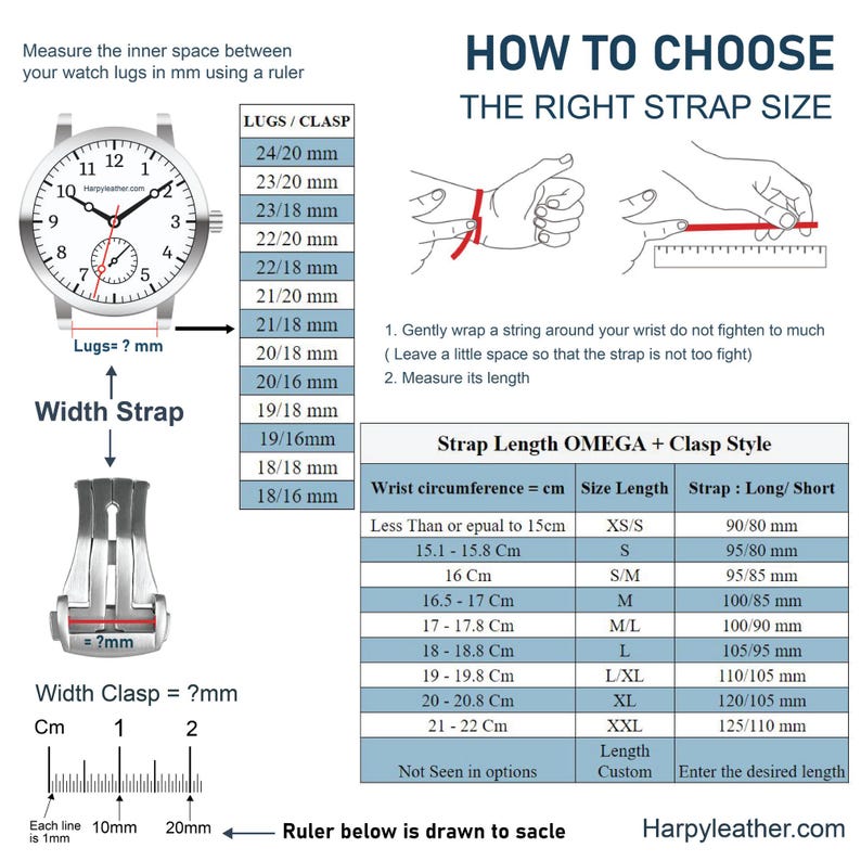 May include: A guide on how to choose the right watch strap size. The guide includes a diagram of a watch face with measurements for the lug width and clasp width. It also includes a table with wrist circumference measurements in centimeters and corresponding strap lengths in millimeters. The table includes strap styles, such as long or short.