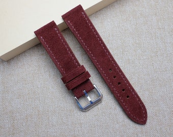 Correa de reloj de piel de ante color burdeos: Banda plana hecha a mano