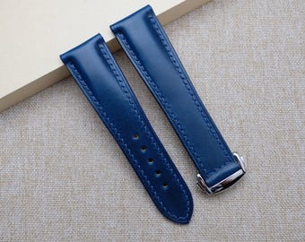 Handmade Buttero Leather Watch Strap: Navy Blue, Omega Style