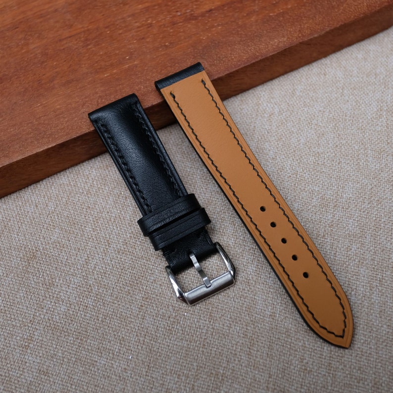 Black vachetta Leather watch strap 24mm, 22mm, 21mm, 20mm, 19mm, 18mm, 17mm, 16mm watch strap zdjęcie 2