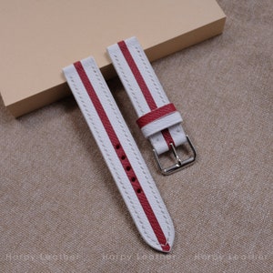 White / Red Epsom Slim Stripe Strap - Handmade Leather Watch Band, Epsom watch strap 16mm 17mm 18mm 19mm 20mm 21mm 22mm 23mm 24mm
