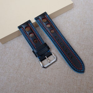 20mm 21mm 22mm 23mm 24mm leather watch strap , Racing rally black buttero watch strap and band, double stitch style strap
