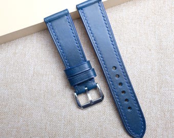 Navy Flat Watch Strap, Handmade Museum Calf Leather Watch Band 24mm 23mm 22mm 21mm 20mm 19mm 18mm 17mm 16mm 14mm