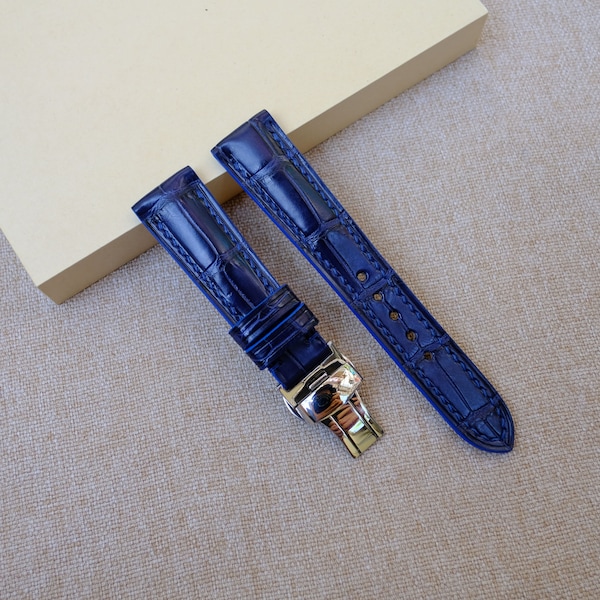 Blau Vietnam Leder Alligator Armband 24mm,22mm,21mm,20mm,19mm,18mm,17mm,16mm,14mm